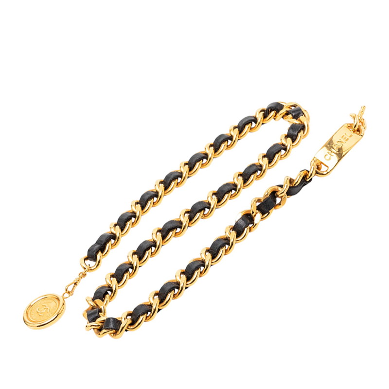シャネル 31 RUE CAMBON ル カンボン ココマーク チェーン ベルト ゴールド ブラック メッキ レザー レディース CHANEL 【中古】