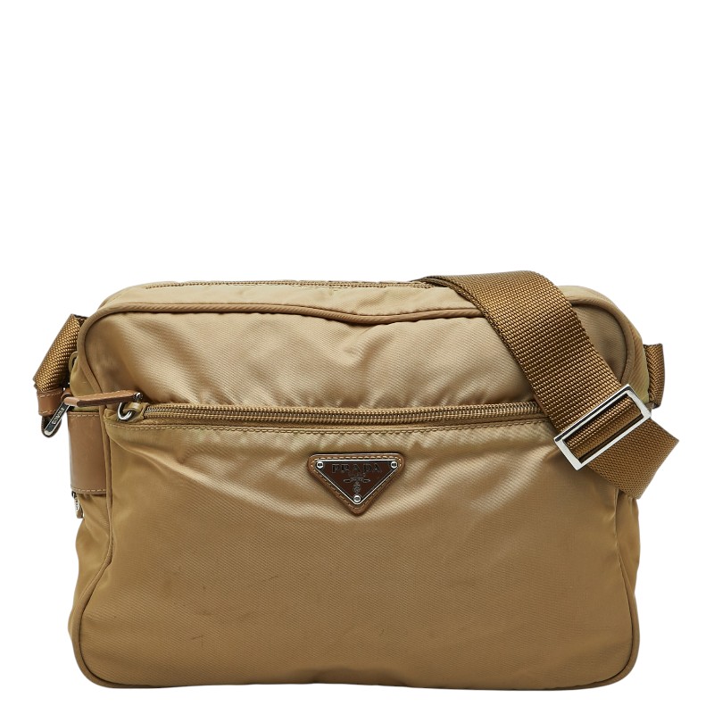 プラダ 三角ロゴプレート ショルダーバッグ ベージュ ブラウン ナイロン レザー レディース PRADA 【中古】