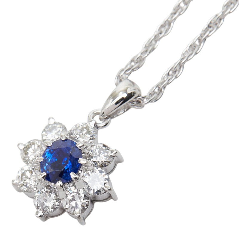 Pt900 プラチナ Pt850 プラチナ サファイア0.53ct ダイヤ0.63ct フラワーモチーフ ペンダント ネックレス レディース 【中古】｜【銀座パリス】　店