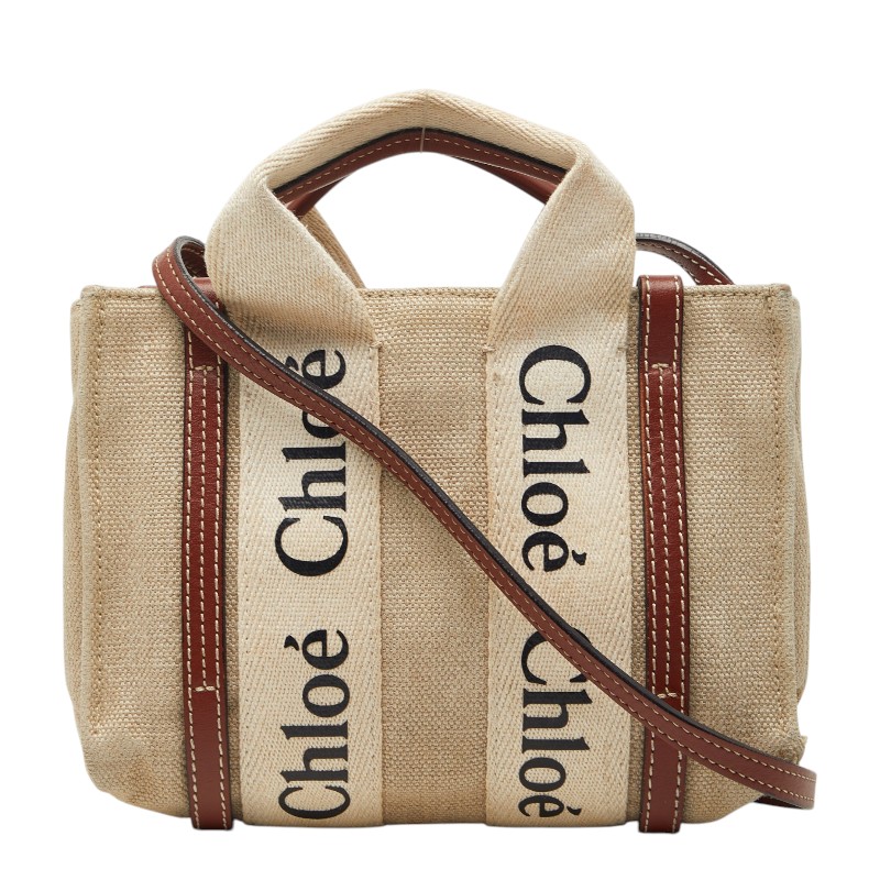 クロエ ウッディ ミニ ハンドバック ショルダーバッグ ベージュ 赤銅色 帆布 なめし革 レディース Chloe 【中古】
