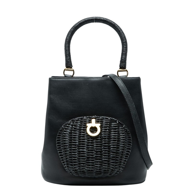 サルヴァトーレフェラガモ ガンチーニ ハンドバッグ ショルダーバッグ 2WAY ブラック ゴールド レザー ラタン レディース Salvatore Ferragamo 【中古】
