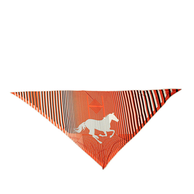 エルメス H 金 GALOP ギャロップ 三角形 えり巻き オレンジ色 白いこと 黒いこと シルクジャージ レディース HERMES 【中古】