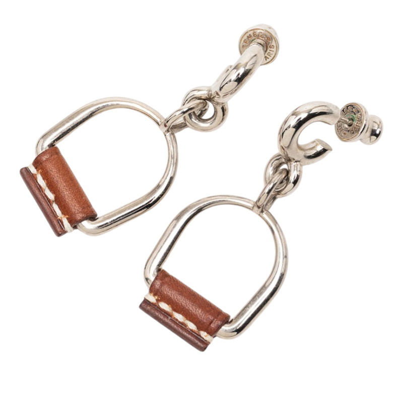 エルメス エリタージュ エケストル エトリエ PM ピアス シルバー ブラウン メタル レザー レディース HERMES 【中古】