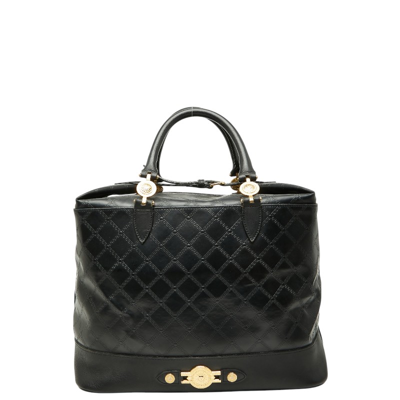 ヴェルサーチェ サンバースト グレカ ボストンバッグ トートバッグ 黒いこと ゴールド なめし革 レディース VERSACE 【中古】