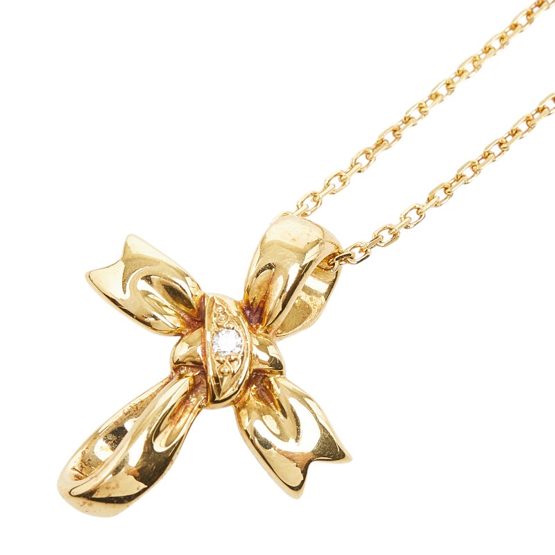 ミキモト クロスリボン 1Pダイヤ ネックレス K18YG イエローゴールド レディース MIKIMOTO 【中古】｜【銀座パリス】　店