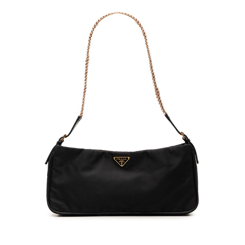 プラダ 三角ロゴプレート チェーン ショルダーバッグ ブラック ゴールド ナイロン レザー レディース PRADA 【中古】