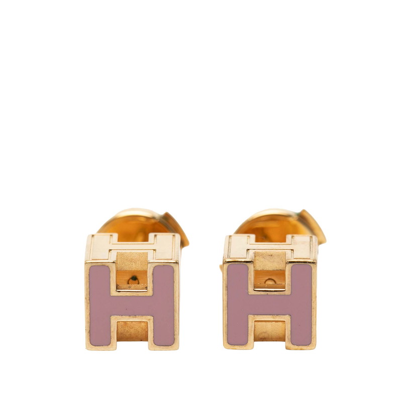 エルメス カージュ ド アッシュ Hキューブ ピアス ゴールド ピンク メッキ エナメル レディース HERMES 【中古】