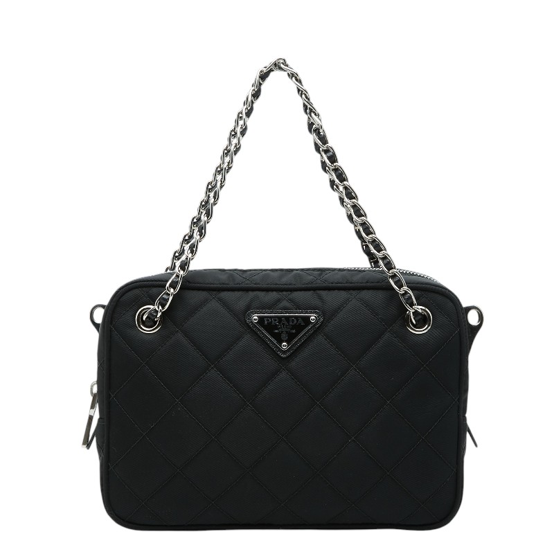 プラダ 三角ロゴプレート チェーン キルティング ハンドバッグ 1BH910 ブラック ナイロン レディース PRADA 【中古】