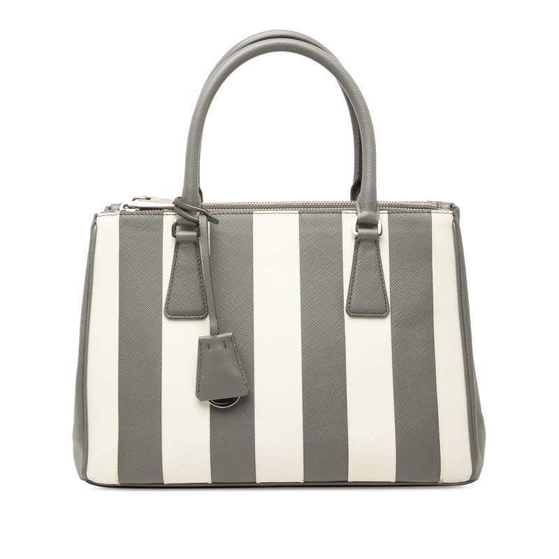 プラダ ガレリア ミディアム ストライプ ハンドバッグ 1BA863 グレー ホワイト サフィアーノレザー レディース PRADA 【中古】|【銀座パリス】 店