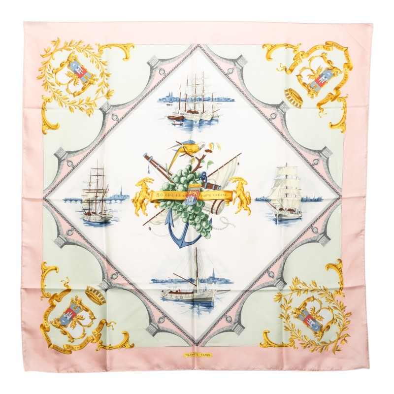 エルメス カレ90 BORDEAUX PORTE OCEANE 都市の部屋の入り口 えり巻き サクラ色 マルチ色つや 地絹 レディース HERMES 【中古】