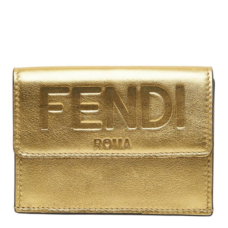 フェンディ 三つ折り紙入れ コンパクトウォレット ゴールド なめし革 レディース FENDI 【中古】