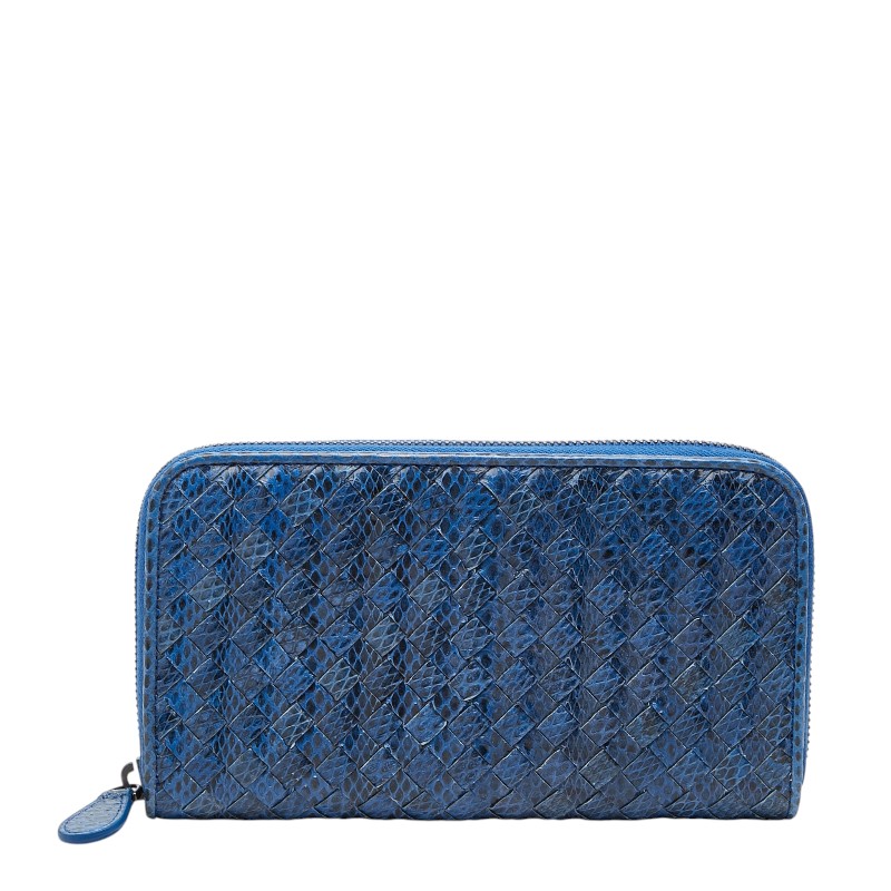 ボッテガヴェネタ イントレチャート ラウンドチャック 長札入れ 青色 パイソン メンズ BOTTEGAVENETA 【中古】