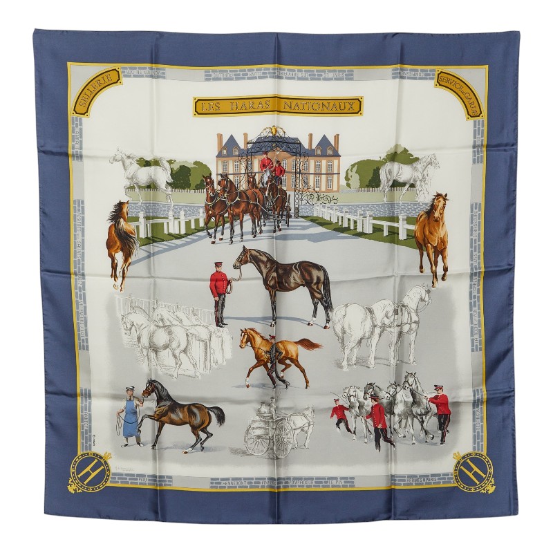 エルメス カレ90 LES HARAS NATIONAUX 国立種馬繁殖場 えり巻き ともし火青み マルチ色つや レディース HERMES 【中古】