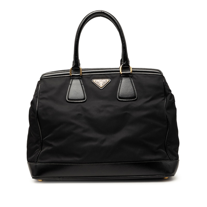 プラダ サフィアーノ 三角ロゴプレート ハンドバッグ ブラック ナイロン レザー レディース PRADA 【中古】|【銀座パリス】 店