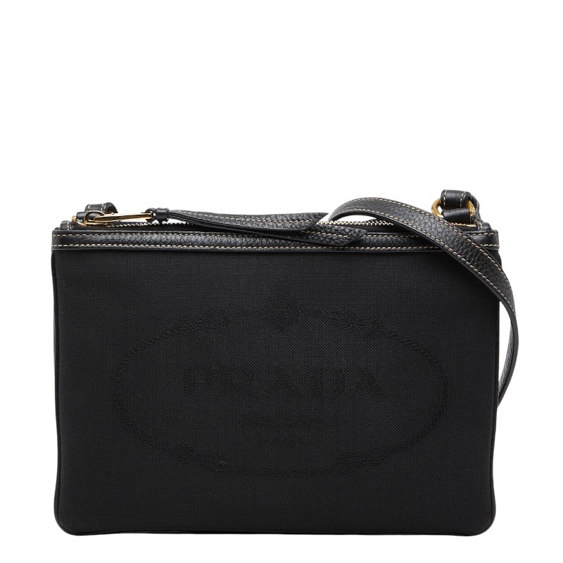 プラダ ロゴジャガード 曲がった掛け ショルダーバッグ 黒いこと 帆布 レディース PRADA 【中古】
