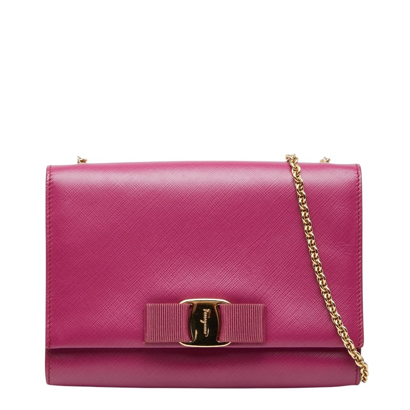 サルヴァトーレフェラガモ ヴァラリボン チェーンショルダーバッグ KM-22 B558 パープル レザー レディース Salvatore Ferragamo 【中古】｜【銀座パリス】　店 20,350円
