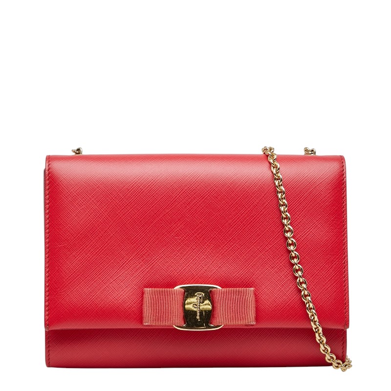 サルヴァトーレフェラガモ ヴァラリボン チェーンショルダーバッグ AU21/B558 レッド レザー レディース Salvatore Ferragamo 【中古】|【銀座パリス】 店