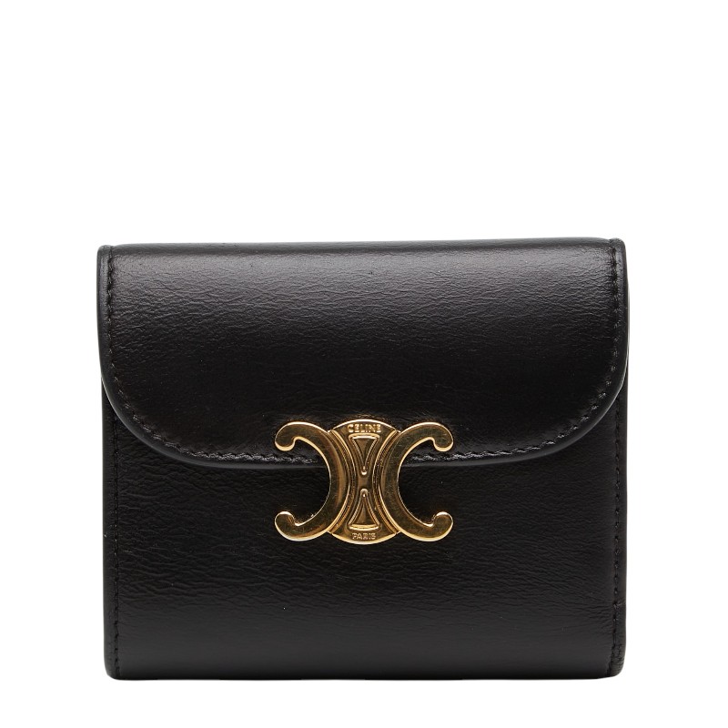 セリーヌ トリオンフ  スモール フラップウォレット 三つ折り紙入れ 黒いこと なめし革 レディース CELINE 【中古】