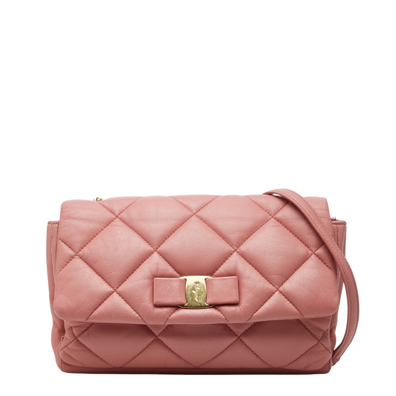 サルヴァトーレフェラガモ ヴァラリボン 斜め掛け チェーン ショルダーバッグ ピンク レザー レディース Salvatore Ferragamo 【中古】｜【銀座パリス】　店