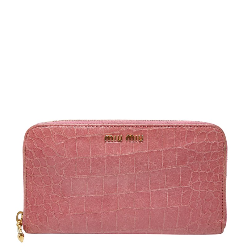ミュウミュウ クロコ型押し ラウンドジッパー 長紙入れ サクラ色 なめし革 レディース MIUMIU 【中古】