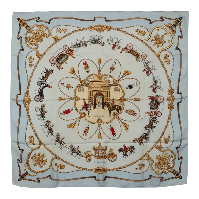 エルメス カレ90 THE ROYAL MEWS 王族の廐舎 えり巻き ともし火青み 地絹 レディース HERMES 【中古】