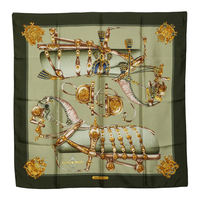 エルメス カレ90 HARNAIS DE COUR 朝廷のハーネス えり巻き カーキ緑であること マルチ色つや 地絹 レディース HERMES 【中古】