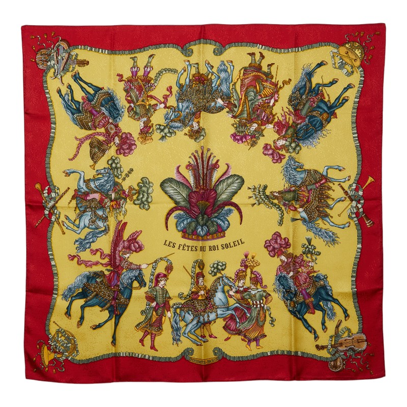 エルメス カレ90 LES FETES DU ROI SOLEIL お日さま王の御祭り えり巻き 赤いこと マルチ色つや レディース HERMES 【中古】