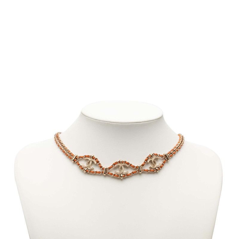 シャネル ココマーク チェーンネックレス B18C刻印 ゴールド オレンジ レザー メッキ レディース CHANEL 【中古】｜【銀座パリス】　店