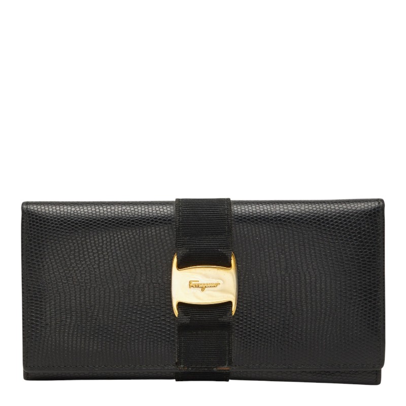 サルヴァトーレフェラガモ ヴァラ リザード型押し 長財布 ブラック レザー レディース Salvatore Ferragamo 【中古】｜【銀座パリス】　店