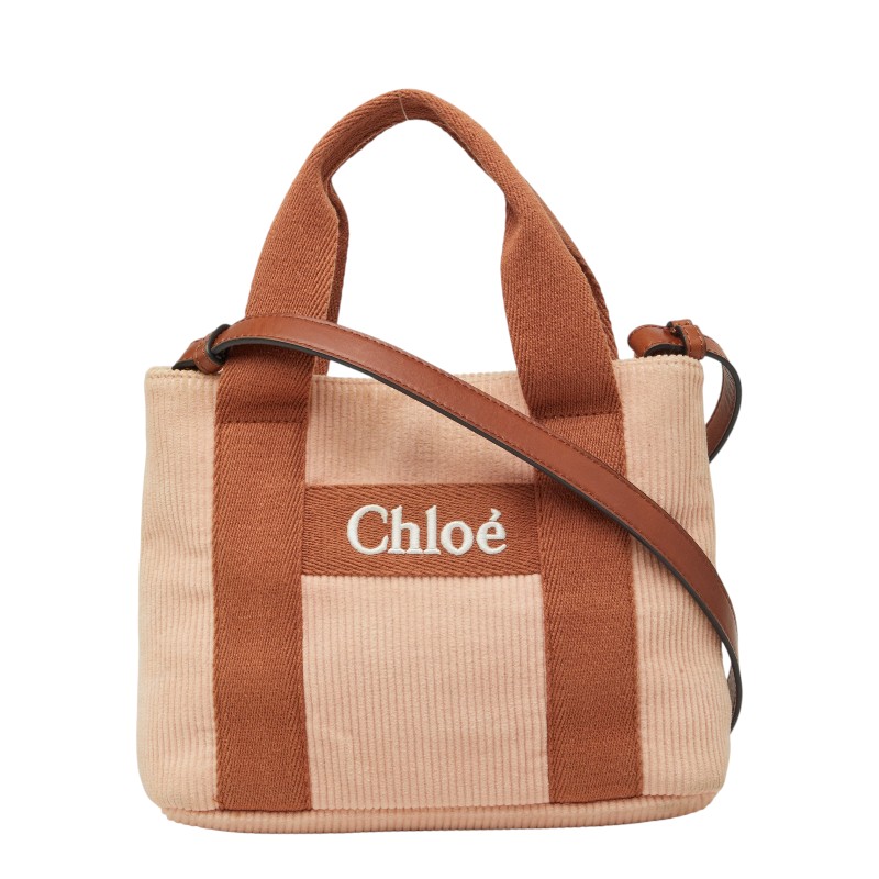 クロエ ロゴタイプ ハンドバック ショルダーバッグ サクラ色 赤銅色 コール天 帆布 レディース Chloe 【中古】
