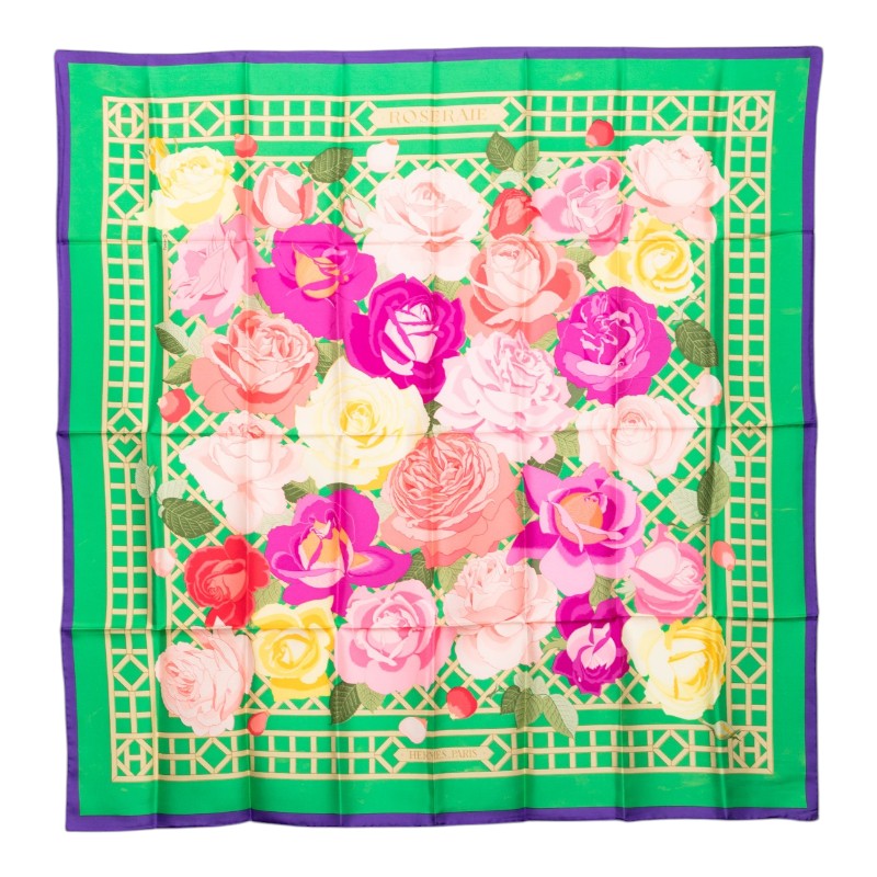 エルメス カレ90 ROSERAIE 薔薇園 えり巻き 緑であること マルチ色つや 地絹 レディース HERMES 【中古】