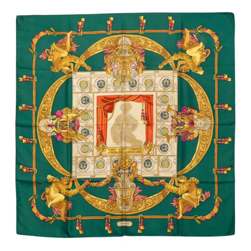 エルメス カレ90 HOMMAGE A CHARLES GARNIER シャルル ガルニエへの褒め言葉 えり巻き 緑であること マルチ色つや 地絹 レディース HERMES 【中古】