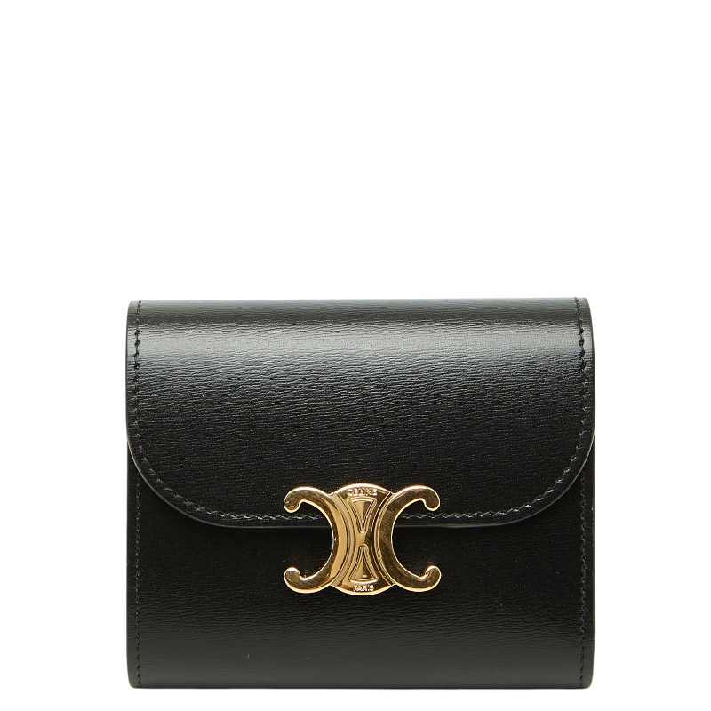 セリーヌ トリオンフ 三つ折り銭入れ スモールフラップウォレット 黒いこと なめし革 レディース CELINE 【中古】