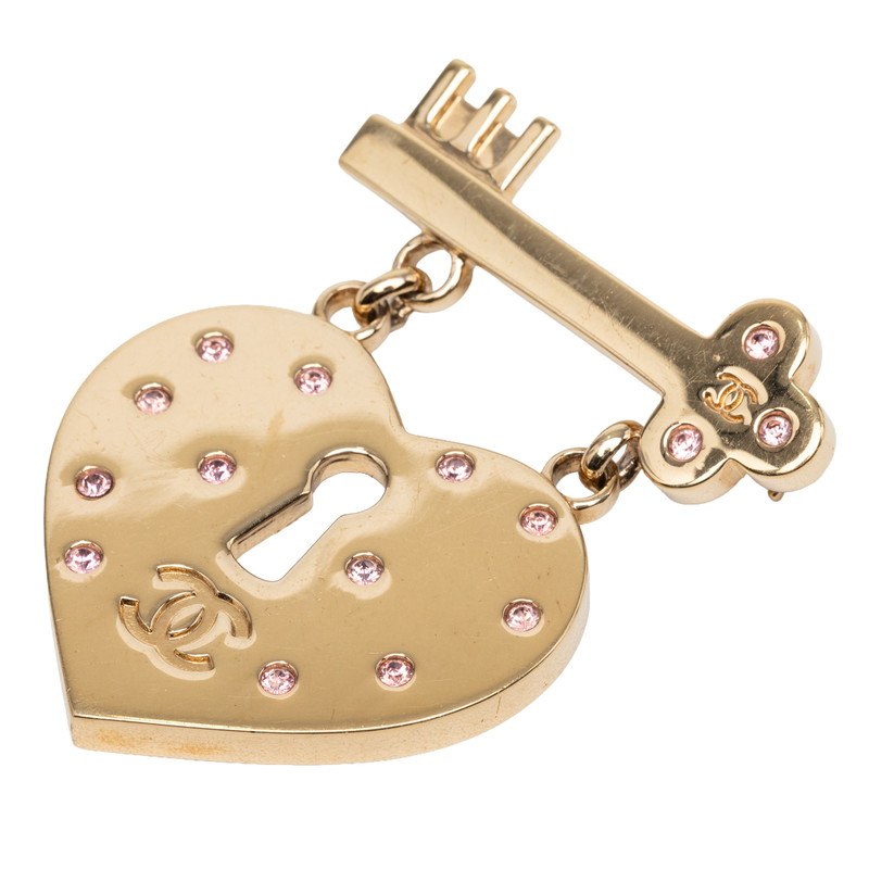 シャネル ココマーク ハートロック キー ブローチ 02P ゴールド ピンク メッキ ラインストーン レディース CHANEL 【中古】｜【銀座パリス】　店