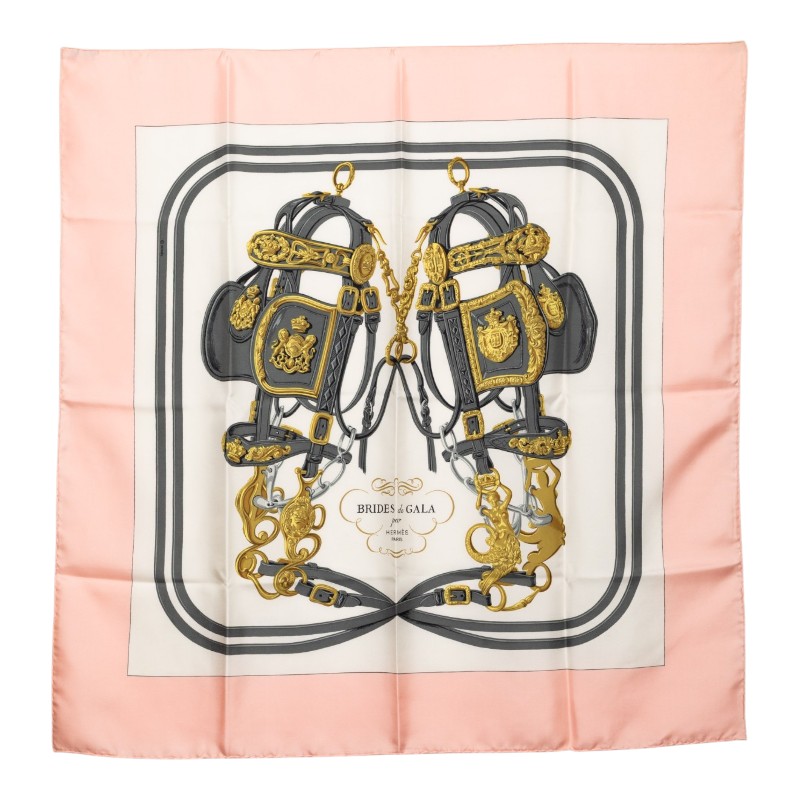 エルメス カレ90 BRIDES de GALA 御祝い用の馬勒 えり巻き 大判 サクラ色系 絹地 レディース HERMES 【中古】