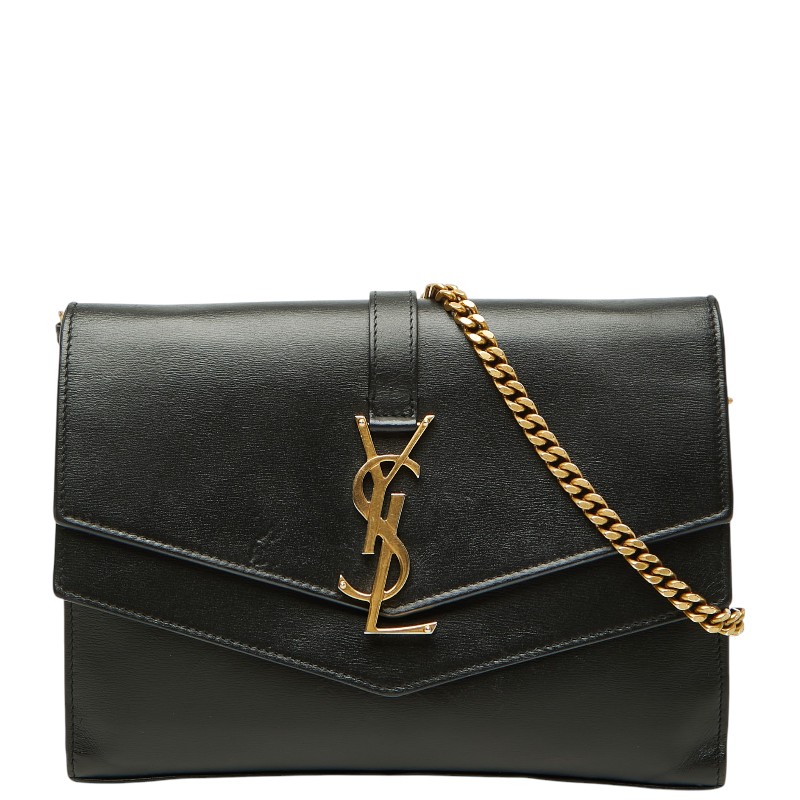 サンローラン YSLロゴ 斜め掛け チェーンウォレット ショルダーバッグ ブラック レザー レディース SAINT LAURENT 【中古】｜【銀座パリス】　店
