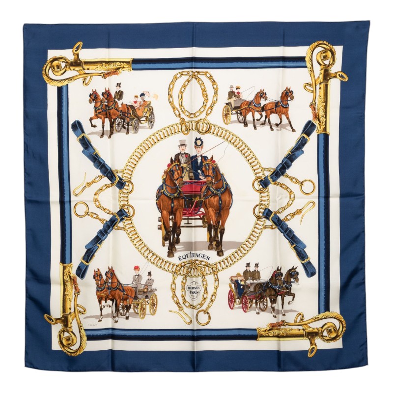エルメス カレ90 EQUIPAGES 馬車 スカーフ ネイビー マルチカラー シルク レディース HERMES 【中古】｜【銀座パリス】　店