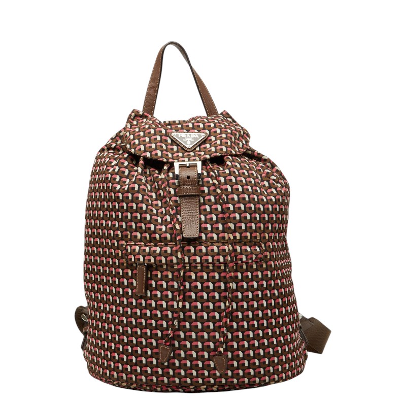 プラダ 三角ロゴプレート リュック バックパック BZ0032 ブラウン ピンク ナイロン レザー レディース PRADA 【中古】｜【銀座パリス】　店