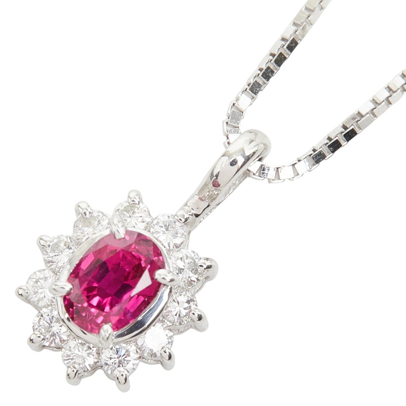 Pt900 プラチナ K18WG ホワイトゴールド ルビー0.53ct ダイヤ0.19ct フラワーモチーフ ネックレス レディース 【中古】｜【銀座パリス】　店