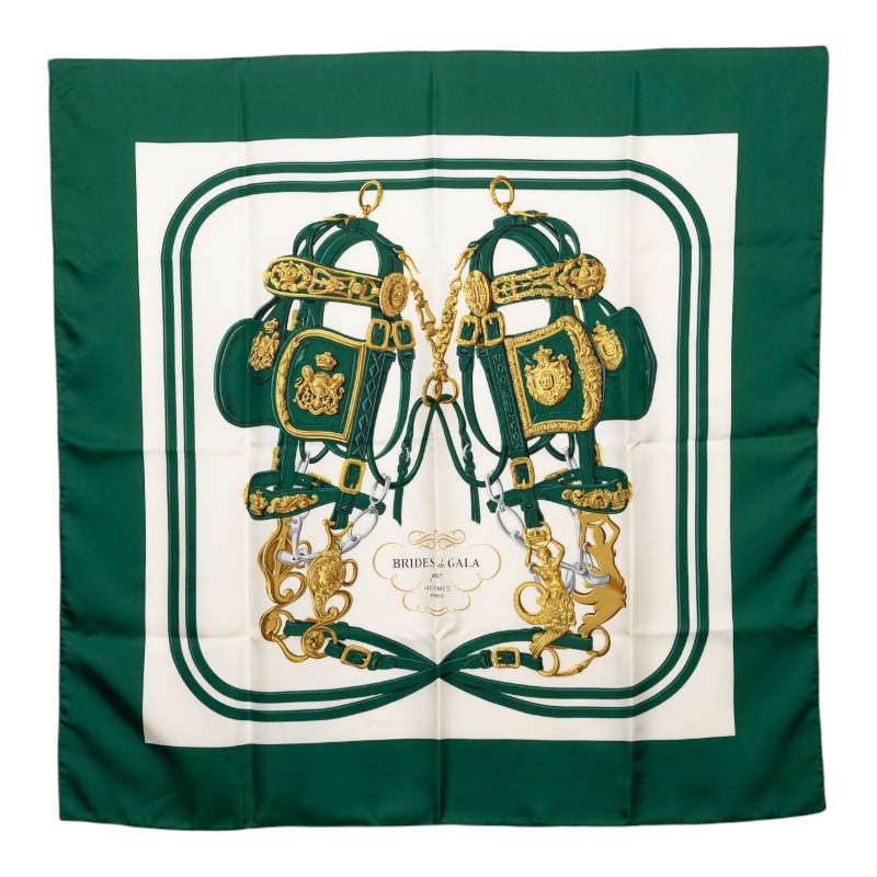 エルメス カレ90 BRIDES de GALA 式典用の馬勒 スカーフ 大判 グリーン系 マルチカラー シルク レディース HERMES 【中古】｜【銀座パリス】　店