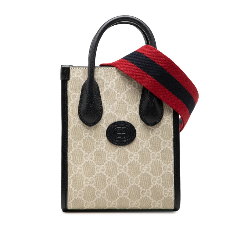 グッチ GGスプリーム ミニトートバッグ ショルダーバッグ 2WAY 699406 ナチュラル ネイビー PVC レザー レディース GUCCI 【中古】｜【銀座パリス】　店