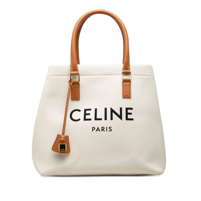 セリーヌ ニューホリゾンタル トートバッグ ホワイト ブラウン キャンバス レザー レディース CELINE 【中古】｜【銀座パリス】　店