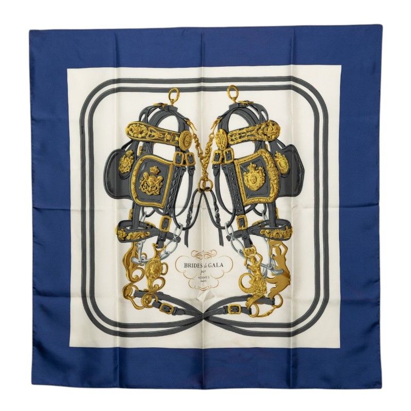 エルメス カレ90 BRIDES de GALA 式典用馬勒 スカーフ ブルー ホワイト シルク レディース HERMES 【中古】｜【銀座パリス】　店