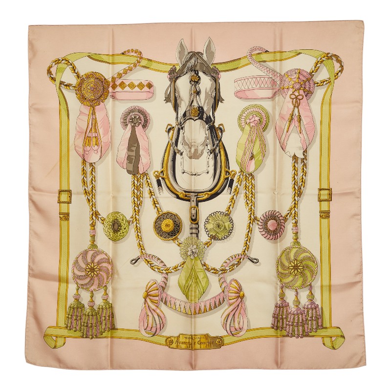 エルメス カレ90 Frontaux et Cocardes 前面ロゼット スカーフ 大判 ピンク マルチカラー シルク レディース HERMES 【中古】｜【銀座パリス】　店