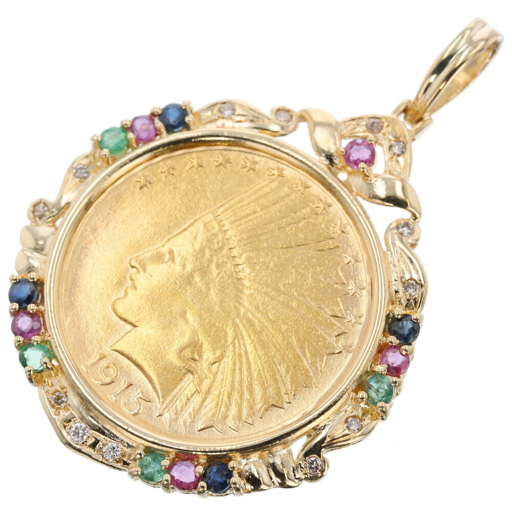 Ginza Paris K21 6 K18 Gold Ruby Sapphire Emerald Diamond Indian 10 K21 6 K18 Gold Ruby Sapphire Emerald Diamond Indian 10 Dollars Coin Pendant Top