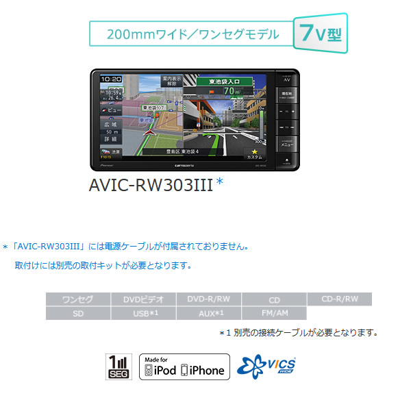 パイオニア carrozzeria 楽NAVI AVIC-RW303III ワンセグTV AV一体型メモリーナビゲーション 7V型ワイドVGA DVD  チューナー SD CD カーナビ