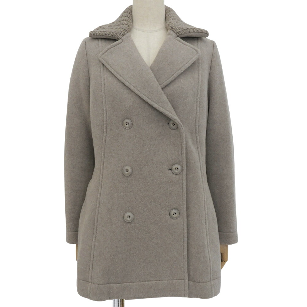 百貨店大売り出し！【中古】超美品 滅多に無い カシミール100％ ダブル前胸部 ピーコート リブニット襟 大いさS ベージュ