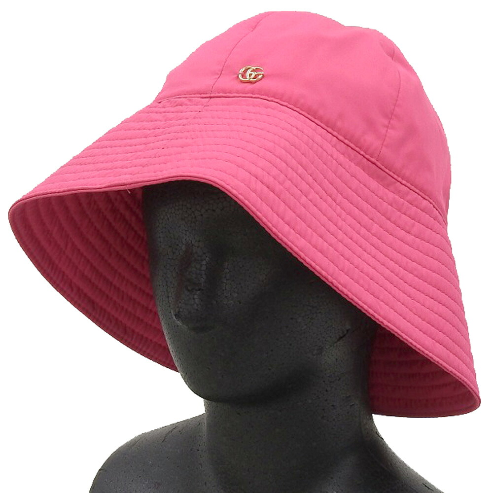 スーパーセール!【中古】タグ付未使用 2023年商品 729470 Brella Cloche GGメタル ナイロン バケットハット キャップ ピンク M 57cm レディー 定価72600円※ガーメント付き|With Trading