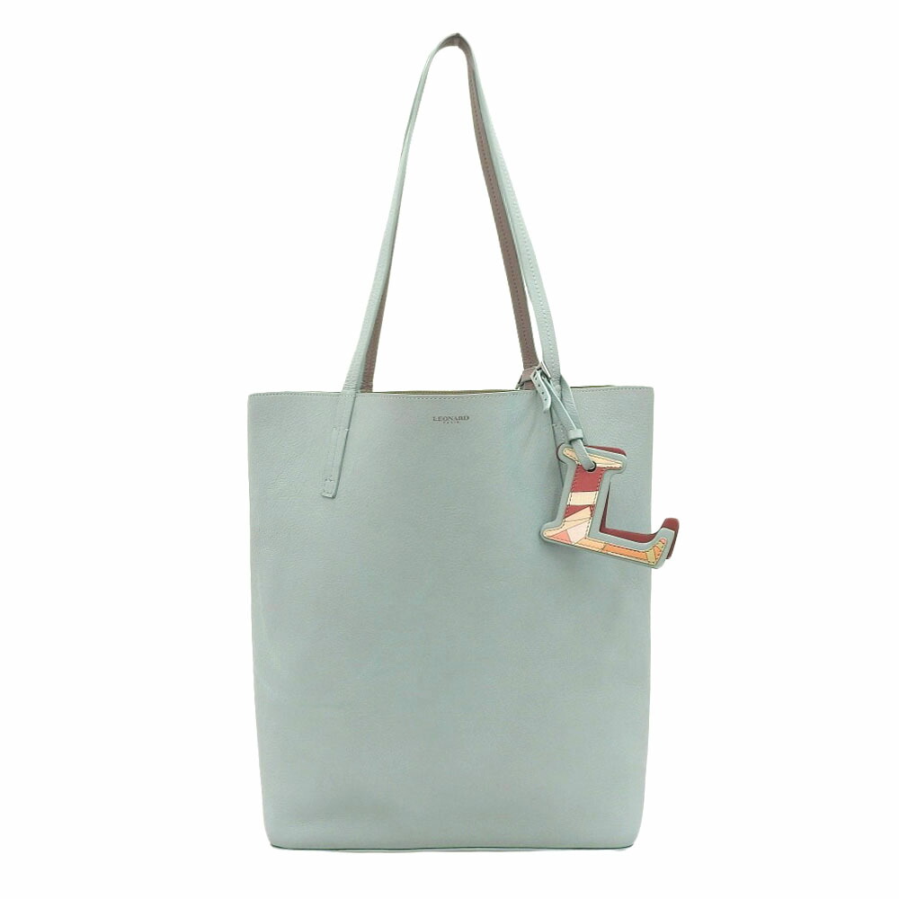 【中古】 美品 レオナール LEONARD 現行タグ フルグレインレザー リバーシブル ショルダー トートバッグ ミント＆ブラウン ポーチ Lチャーム付 レディース