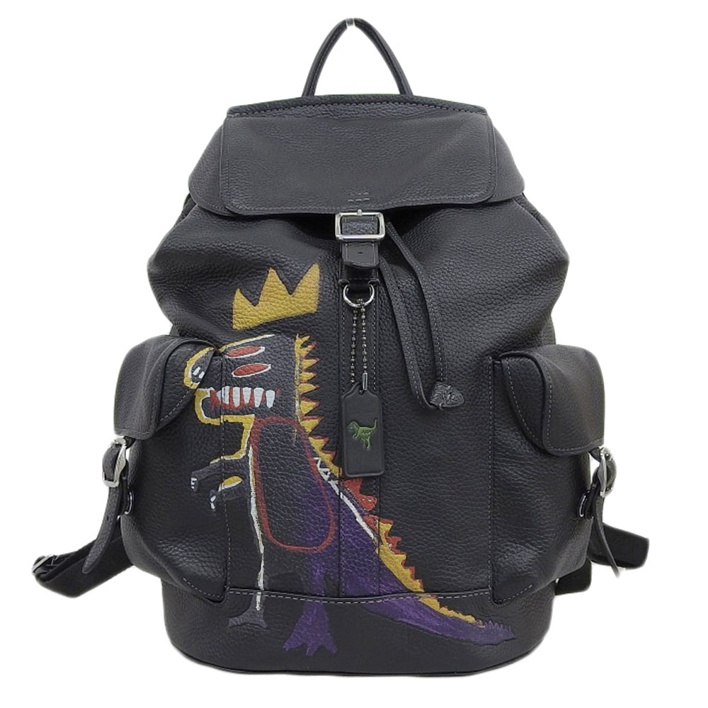 【中古】 超美品 コーチ COACH 2020年 バスキアコラボ Pez Dispenser Tレックス ぺブルレザー バックパック リュック バッグ 黒 メンズ 旅 定価165000円
